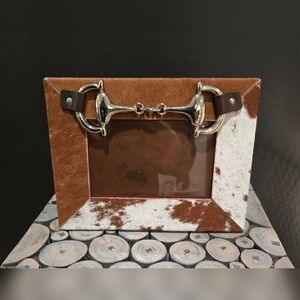Mud Pie Cow hide with snaffle bit picture frame, holds 4" X 6" picture, EUC